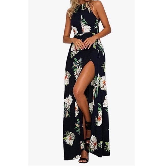 Halter Neck Floral Print Open Back Maxi Dress with Crochet Details & Front Slit - Picture 1 of 11